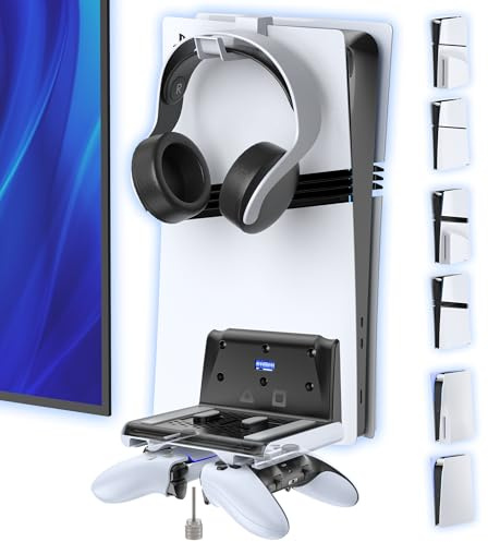 Gersker Support Mural PS5 pour Console PlayStation 5 Original/Slim/Pro, Support PS 5 Vertical et Accessoires avec Support Casque, Rangement Espacé-Économique et Organisation Salle de Jeu