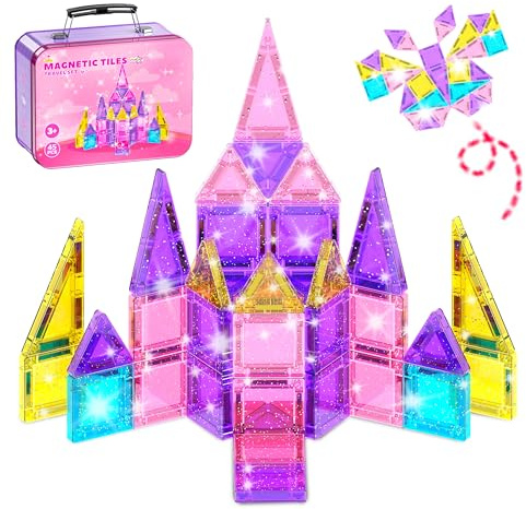 45 Pcs Mini Magnetic Tiles Travel Set, Magnetic Travel Games for Kids with Glitter & Carry Handle, Magnet Building Tiles & Storage Tin, Travel Toys for 3 4 5 6 Year Old Boys and Girls