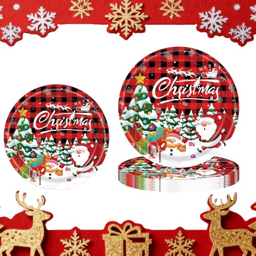 VYNZOR 24 Stück Weihnachtsteller 23 cm Pappteller Weihnachten – Festliches Weihnachtsgeschirr mit Santa & Karomuster, Weihnachtsteller für Dessert, Kuchen, Snacks, Party & Dinner Deko