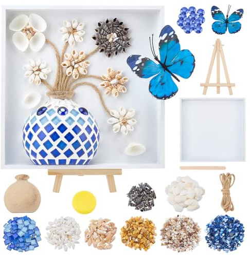 WEBEEDY DIY Vase Mosaic Shell Painting Kit DIY Vase Flower Mosaic Arts and Crafts Kit with Vases, Wood Frame, Mosaics Tiles, Shells, Butterfly and Accessories, Room Decor Handmade Gift for Christmas