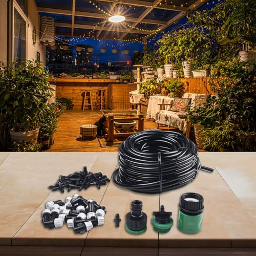 Gettimore 20M Automatisches Bewässerungssystem mit 47 Düsen für Gartenbewässerung, feine Nebelkühlung für Gewächshaus, Balkon, Terrasse, PVC-Mikro-Sprinkler-Set, kompatibel mit Wasserhahn und Schlauch