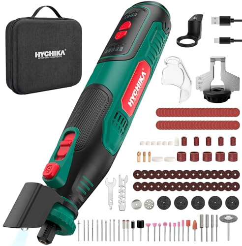 HYCHIKA Cordless Rotary Tool 8V 2.0Ah Larger Battery, 5-Speed 30000RPM Max,145Pcs Accessories Kit Chainsaw Sharpener and LED Work Light, for Detail Sanding Polishing Cutting Drilling DIY Engraving