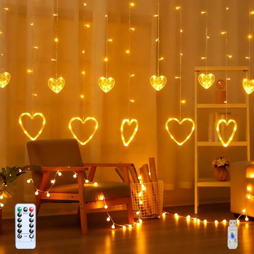 Lichterkette Herz, Valentinstag Deko Herzn Fensterbeleuchtung mit 8 Modi, Warmweiß, USB Lichtervorhang Innen mit Fernbedienung für Frühlingsdeko Lichterkette Fenster Innen Außen Party Zimmer Deko