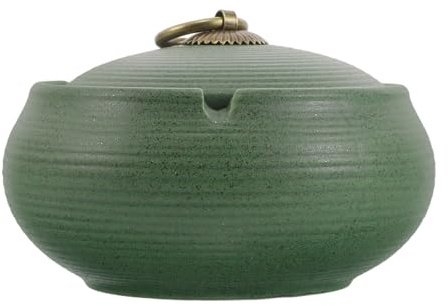 ORFOFE Cenicero de Cerámica con Tapa Verde para Interior y Exterior, Base Estable y Fácil de Limpiar, Diseño Resistente al Viento Adecuado Hogar