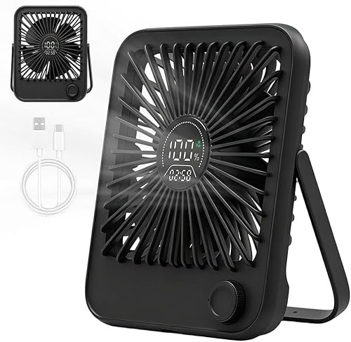 DAJASD Tischventilator, Mini Ventilator, Sehr Leise Stufenlos 1-100 Regler, Kleiner Ventilator Tragbarer mit LED Anzeige, 1200mAh Desk Fan Tisch USB Ventilato für Zuhause Büro Camping Reisen(Schwarz