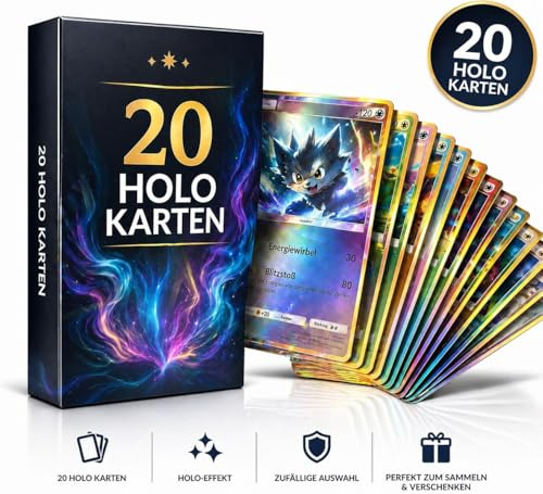 Lot de 20 cartes Holo pour Pokémon - Jeu de cartes à collectionner en allemand - 20 cartes holo différentes avec boîte cadeau - Compatible avec les cartes Pokémon
