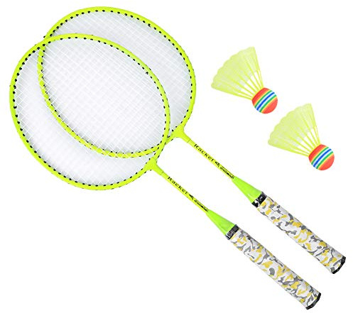 Jelquix Badmintonracket för Barn med 2 Bollar för Utomhussportspel - Fluorescerande Färger för Barn Pojkar Flickor - Slitstark Nylon och Järnlegering - Idealisk för Hand-öga-koordination