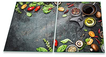 decorwelt | Herdabdeckplatten 2x40x52 cm 2-Teilig Gewürze Schwarz Ceranfeld Universal Spritzschutz Glas Deko Elektroherd Induktion für Kochplatten Herdschutz Schneidebrett Sicherheitsglas