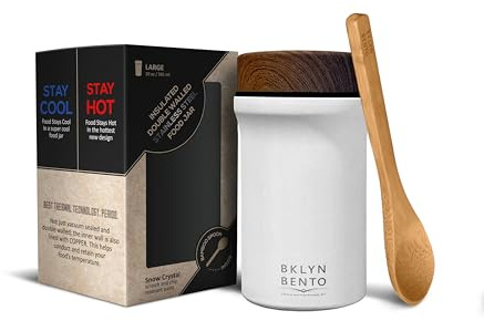 Insulated Food Jar with Bamboo Spoon: Wide Mouth 18/8 Stainless Steel Lunch Container for Hot Soup & Food, Leakproof Vacuum Metal Flask (20oz, Snow Crystal / White)