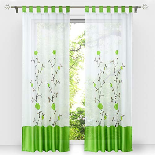 HongYa 1 Stück Voile Gardine Schal mit Schlaufen Transparenter Vorhang Bestickter Schlaufenschal H/B 145/140 cm Grün