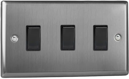 Varilight Triple Rocker Light Switch 2-Way Twin Plate - Classic Brushed Steel With Black Rockers, XT93B