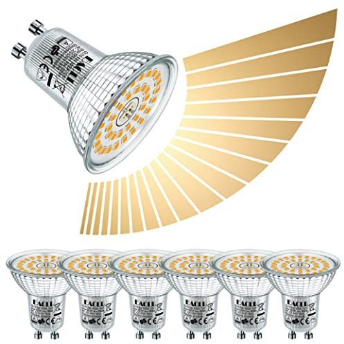 EACLL GU10 LED Bulbs Warm White Dimmable 6W 3000K Equivalent 80W Halogen, Pack of 6. 585 Lumen Energy Saving Light Source, Stepless Continuous Dimming Spotlight, Wide Beam 120° PAR16 Reflector Lamp