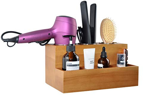 Eitida Hair Tools Organizer, Hair Dryer Care Styling Straightener, Flat Iron, Curling Wand, Brushes Holder, Caddy Storage for Vanity & Bathroom, Wall Mount or Sit on Counter, Solid Wood in Tan