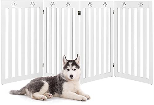 COSTWAY Cerca de Madera para Mascotas, Cerca Plegable para Perros con Bisagras Flexibles a 360° y 4 Paneles, Valla Interna 89,5 cm para Mascotas para Casa Escalera (Blanco, 4 Paneles)