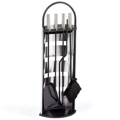 IDMarket - Set servitore per caminetto nero INOX 5 elementi pala scopa attizzatoio pinza con supporto