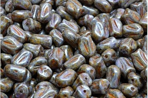 230 gr (approx. 462 pcs) - Mini -Tulp -Perlen - Mini Tulip Beads 9x7mm, Czech Glass, White Purple Brown Luster Spotted (02010-65329)