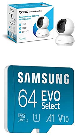 TP-Link TAPO C200 - Cámara IP WiFi 360° Cámara de Vigilancia FHD 1080p + Samsung EVO Select 64GB, microSD