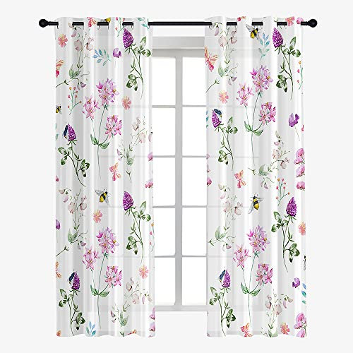Hiseng Voile Vorhänge mit Ösen, Gardinen Halbtransparent 2er Set, Vorhang Boho Gardinenschals Ösenschal Gardinen Wohnzimmer 3D-Blumendruck Curtains mit Schlaufen (107x213cm,lila Blume)