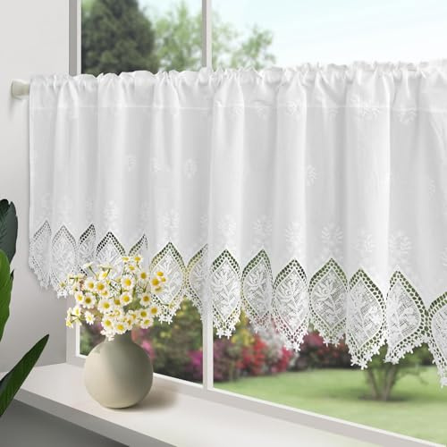 choicehot Baumwoll Vorhang Landhaus Gardine 50 cm Hoch, Stickerei Bistrogardine Weiß Privatsphäre Fenstervorhang, Gardinen für Wohnzimmer, Schlafzimmer, 50x150cm(H×B)