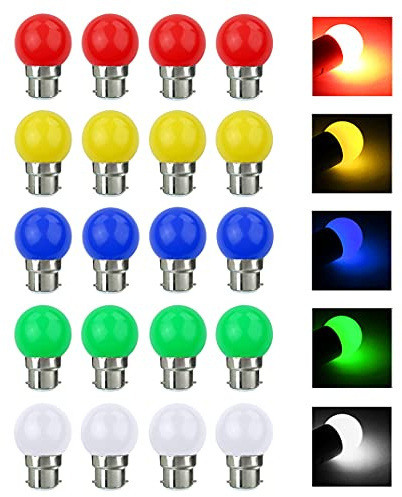 VIRANSHEN 20er Pack, Bunte LED Birne B22 Bajonett Farbige LED Glühbirnen 3W 240LM Dekoratives Licht und Design Ambiente Leuchtmittel in Klasse Golfball Form Gemischte Farben Rot Gelb Blau Grün Weiß