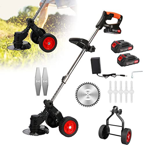Decespugliatore per erbacce, 21 V 2000 mAh, tagliaerba senza fili, 3 in 1, con manico a D, con 2 batterie, 2 ruote, leggero, per giardino e cortile