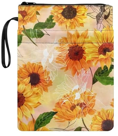 NETILGEN Sonnenblumen-Blatt-Vintage-Buch-Schutzhülle mit Reißverschluss und Fronttasche, Stifthalter, Buchliebhaber, Geschenke, waschbarer Stoff, Buchschutz, Taschenbuchhülle