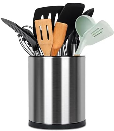 Molibest Soporte para utensilios de cocina, extra grande, giratorio de 360°, para encimera, organizador de acero inoxidable, 3 compartimentos con base extraíble (plateado)