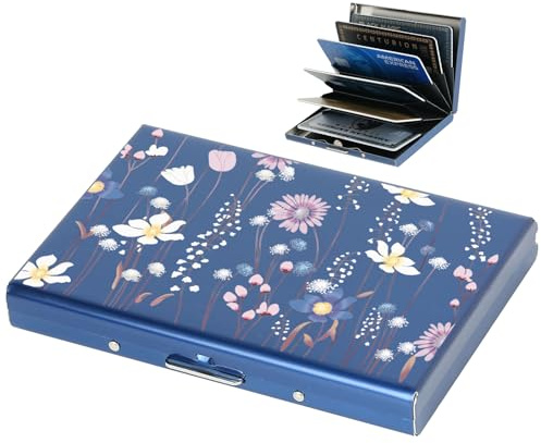 BONSYL® Porte Carte de Crédit, Fin Portefeuille de Carte de Crédit en Métal avec Blocage RFID avec 6 Fentes, pour Hommes et Femmes.(6 Cartes/Bleu/Fleur)