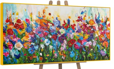 YS-Art Abstrakt Acryl Gemälde auf Leinwand Blumige Farben handgemalt Wandbilder Wohnzimmer modern Wohndekor Bild Blumen Weide Wiese bunt echte Kunst 120x60 cm