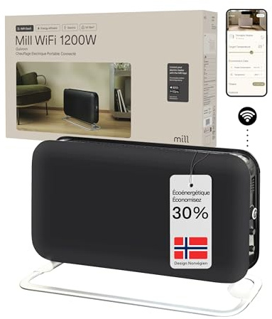 Mill Termoconvettore Elettrico Smart Portatile 1200W con Wi-Fi e App, a Basso Consumo per 14–18 m², Temperatura Superficiale Ridotta, Silenzioso, Nero, Design Norvegese