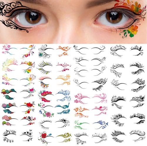 Qpout 56 Paare Lidschatten temporäre Tattoos Aufkleber Schwarz buntes Augen-Tattoo für Mädchen Frauen Make-up-Werkzeuge Aufkleber Eyeliner Abziehbilder für Maskerade Party Karneval Festival