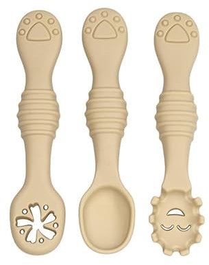Cuillère d'apprentissage en silicone 3 pièces, cuillère d'alimentation et d'aide à la dentition, cuillère complémentaire en silicone pour les nouvelles mamans et les nouveaux papas