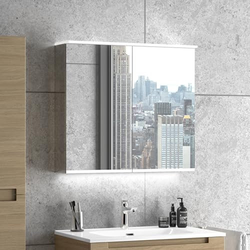 Zentrobad Spiegelschrank 80 cm mit Zwei Türen, LED-Beleuchtung, dimmbar, mit Waschplatz-Beleuchtung, Schrank, Badezimmerschrank, Wandschrank, Badschrank mit Licht, Alibert