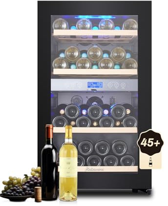 Kalamera Bodega de vino Nueva versión, 45 botellas, bodega de vino multi-temperatura, dos zonas de temperatura 5-10°C / 10-18°C, 120 litros, Negro, KRC-120BFG