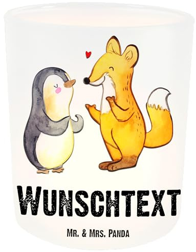 Mr. & Mrs. Panda Windlicht personalisiert Fuchs & Pinguin gehörlos - Personalisierte Geschenke, Glas, Teelichthalter, Gebärdensprache, Personalisiertes, Windglas, Personalisierter
