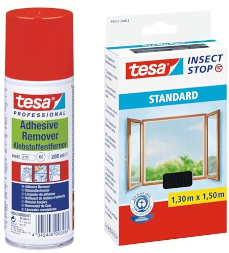 tesa ADHESIVE REMOVER - Klebstoffentferner Spray - entfernt Kleber & Insect Stop Standard Fliegengitter für Fenster