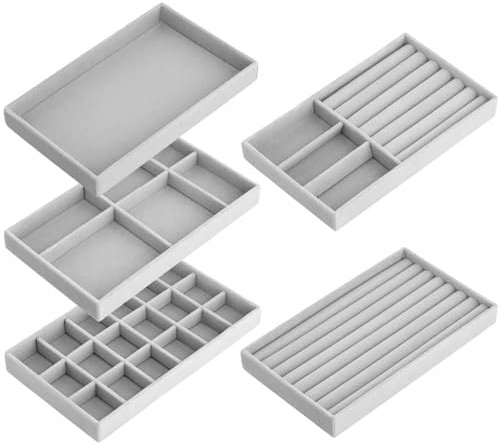 QWORK® 5 Stück Schmucktablett, Schmucktablett aus Samt, Schmuck Organizers, zur Präsentation von Ohrringen, Ringen, Halsketten und Armbändern, Grau