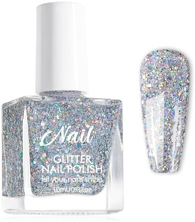 Glitzer Nagellack Holographic - Schnelltrocknend Schimmer Polish Mit Glitter - Sparkling Nail Art Silber AJY153