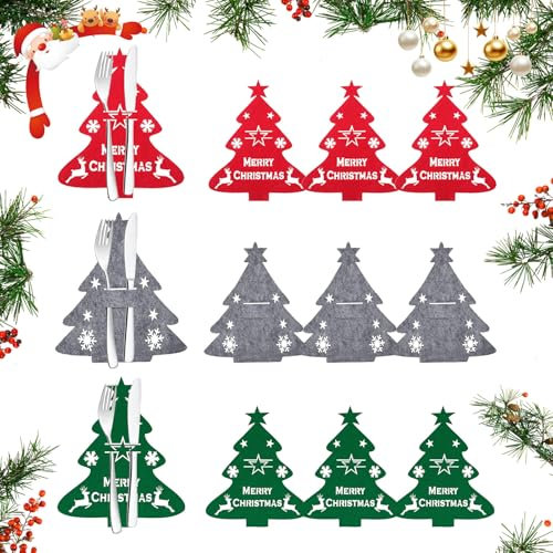 JAMSSOW 12 Stück Besteckhalter Weihnachten Filz,Bestecktasche Tannenbaum Besteckbeutel Weihnachtsbaum,Weihnachts Messer Gabeln Löffel Geschirr Besteck Taschen für Weihnachtsdeko