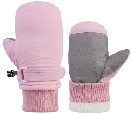 QKURT Kids Warm Gloves, Toddler Snow Mittens, Windproof, Fleece Lining, Adjustable Wristband, Anti-Loss Lock Buckle, Unisex, Kids Winter Gloves