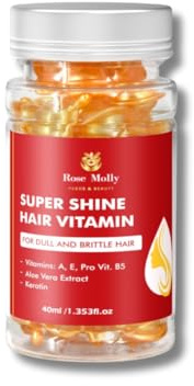 Rose Molly Super Shine Hair Vitamin Capsules, 1.35 fl oz, for Dull and Brittle Hair, with Vitamins A, E, Pro VIT. B5, Aloe Vera Extract, Keratin