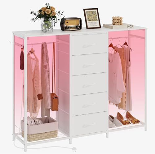 Trironsun 5 Drawer Dresser with Clothes Rack Chest of Drawers with Clothes Rail LED Lights Wardrobe Closet Drawers Charging Station Flexible Shelf Open Shelves for Bedroom Living Room