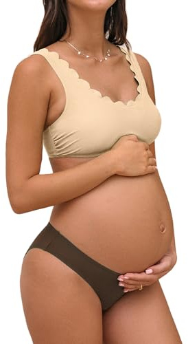 CUPSHE Bikini premaman da donna, costume da bagno per gravidanza, vita bassa, smerlato, scollo rotondo, cinghie regolabili, gancio posteriore, beige/marrone, M