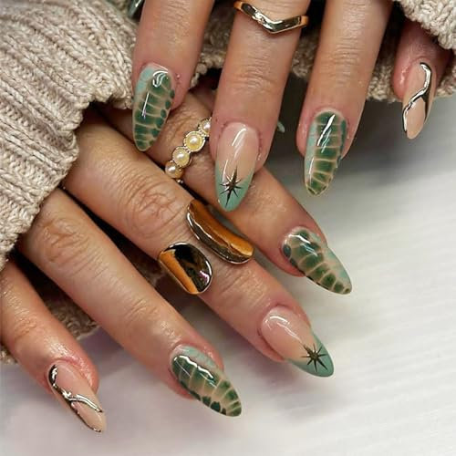 Kinretixia - Ciondoli, Unghie Artificiali Medie, Francesi Verdi, Press on 3D Curvo, Acriliche Lunghe e Squadrate