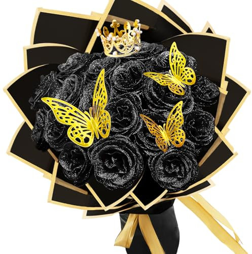LARDUX 24 Pcs Glitter Roses Bouquet, Valentine's Day Artificial Rose Flowers Bouquet,DIY Fake Glitter Bouquets with Crown for gifts Wedding Anniversary Engagement Birthday,Mother's Day (Black)