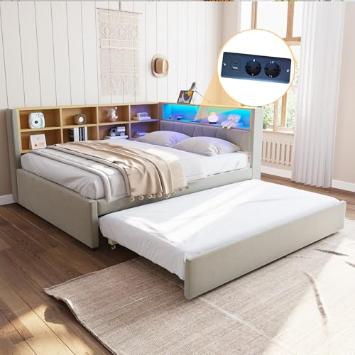 KecDuey Estructura de cama, sofá cama 140x200 cm, cama plegable 90x190 cm, equipada con luces LED, enchufes y muchos compartimentos de almacenamiento, cama acolchada, cama individual, tela de franela