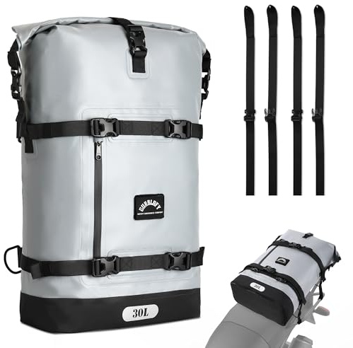 Gurblofy Motorcycle Tail Bag, 30L Waterproof Motorcycle Saddle Bag, 2 Size and 3 Color Options Luggage Bag, PVC Travel Bag, Rear Seat Bag, Stone Grey GT-30GRY
