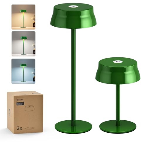 Philips Cordless Table Lamp, Portable Outdoor LED Desk Light, Rechargeable Battery Operated, 2 Adjustable Height, Touch Control & 3 Color Stepless Dimming, Waterproof Lamps for Bedroom, Green