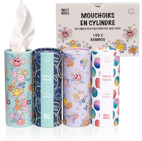 SmileyWorld - 8-pack - Cylindernäsdukar – 100 % bambu - 3 lager - Smiley World Design - Kompakt storlek för bil, hem, ryggsäck, barnstol, skola