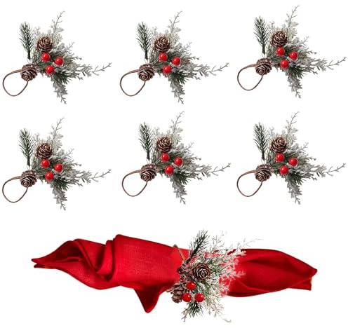 Phlognfy Weihnachten Serviettenringe, Weihnachten Serviettenringe Zedern, mit Zedern, rote Beeren, für Weihnacht Party Tischdekoration